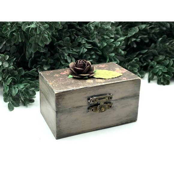 Decorative small Wooden Trinket Box With Decoupage Floral Rose design with brown - Picture 2 of 6